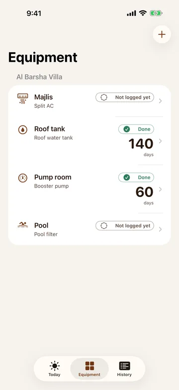 Equipment list for Al Barsha Villa. Split AC, roof water tank, booster pump and pool filter, each with days since the last service