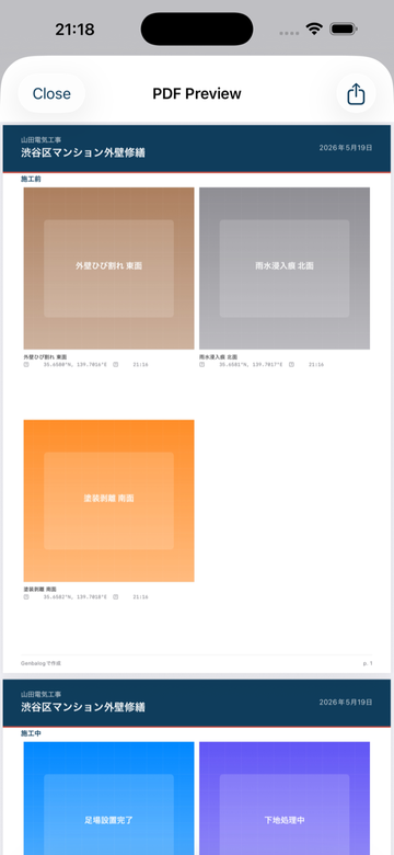 現場写真をまとめたA4 PDF報告書のプレビュー