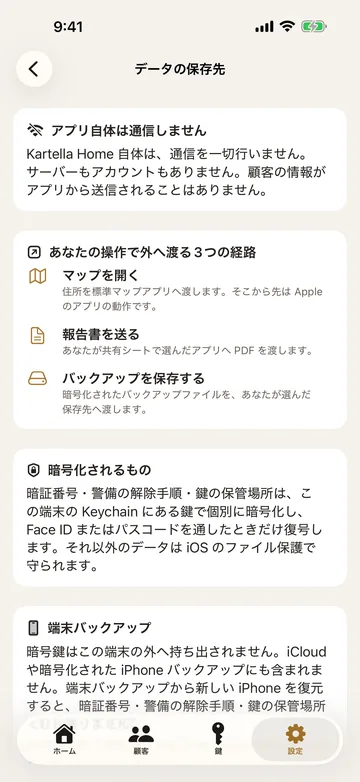 データの保存先の説明。アプリ自体は通信しないこと、暗号化されるもの、端末バックアップの扱いを項目ごとに書いた画面