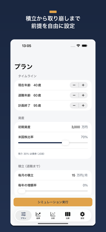 積立・取り崩しの資産推移ダッシュボード画面